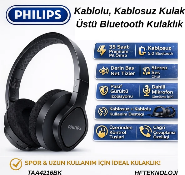 Philips Audio Kulak Üstü Kablosuz,  35 Saat Çalma Süresi, IP55 Toz/su ,soğutucu Kulak Kapakları, Yıkanabilir Kulaklık Yastıkları, Siyah, 2021/2022 Model ürün görseli 1
