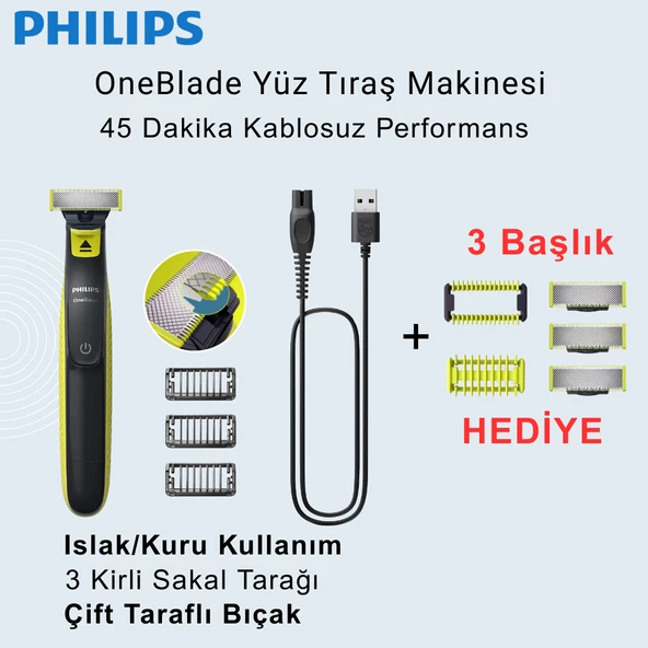 Philips QP2724/10 Oneblade Yüz Tıraş Makinesi + 3 Başlık Hediye ürün görseli 1