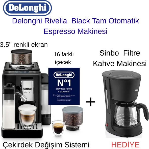 Delonghi Rivelia Black Tam Otomatik Espresso Makinesi + Sinbo Filtre Kahve Makinesi Hediye ürün görseli 1