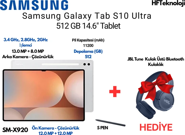 Samsung Galaxy Tab S10 Ultra Gümüş 512 GB 14.6" Tablet + Jbl Bluetooth Kulak Üstü Kulaklık ürün görseli 1