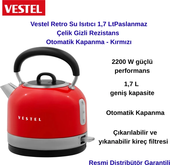 Vestel Retro Su Isıtıcı 1,7 Lt Paslanmaz Çelik Gizli Rezistans Otomatik Kapanma-Kırmızı + Oral - B Diş  Fırçası Hediye Kopyası ürün görseli 1