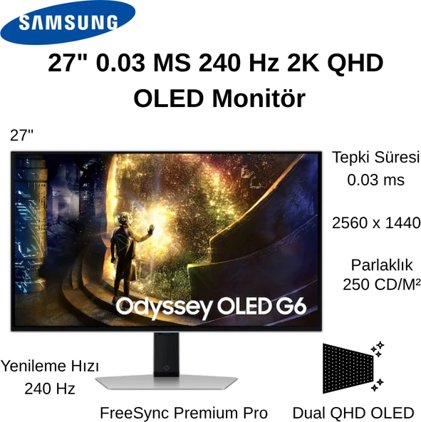 Samsung Odyssey OLED G6 27" 0.03 Ms 240 Hz 2k Qhd OLED Monitör + Oyuncu Mouse Hediye ürün görseli 1