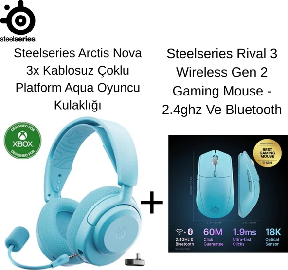 Steelserıes Arctis Nova 3x Kablosuz Gaming Kulak Üstü Kulaklık Aqua +  Steelseries Rival 3 Wireless Gen 2 Gaming Mouse ürün görseli 1