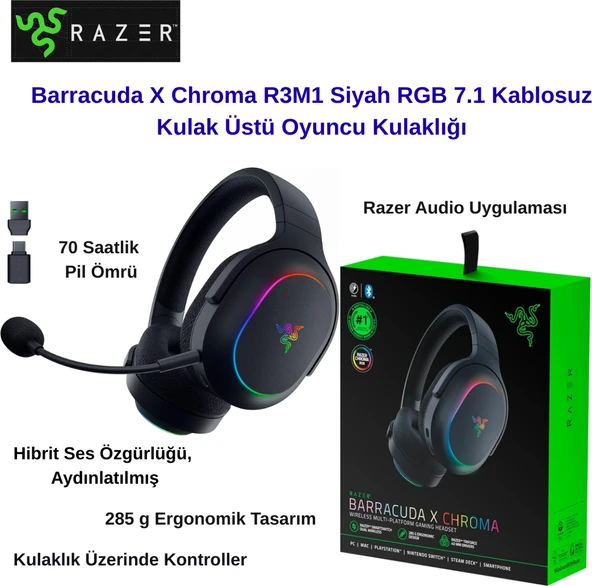 Razer Barracuda x Chroma R3M1 Siyah Rgb 7.1 Kablosuz Kulak Üstü Oyuncu Kulaklığı + Oyuncu Mouse Hediye ürün görseli 1