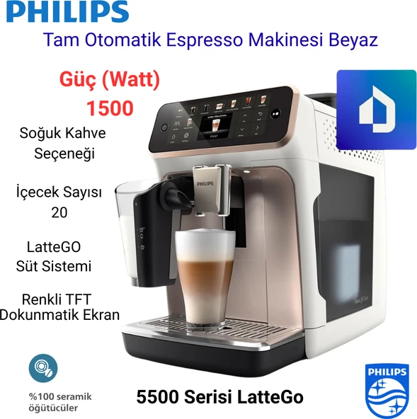 Philips 5500 Serisi Lattego Tam Otomatik Espresso Makinesi 20 Sıcak ve Soğuk Içecek, Renkli Dokunmatik Ekran, Beyaz Roze Renk, Quickstart, Silentbrew Teknolojisi (EP5543/80) ürün görseli 1