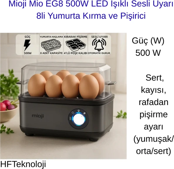 Mioji 500W LED Işıklı Sesli Uyarı 8li Yumurta Kırma ve Pişirici + Hassas Mutfak Tartısı Hediye ürün görseli 1