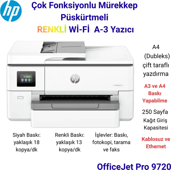 Hp Officejet Pro  Wi-Fi + Tarayıcı + Fotokopi + Faks Renkli Çok Fonksiyonlu Mürekkep Püskürtmeli Yazıcı Kopyası + 1 Paket  A3 Yazıcı  Kağıdı Hediye ürün görseli 1