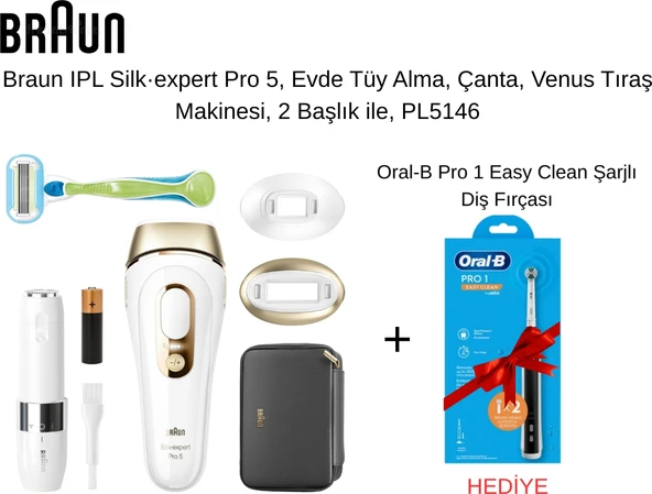 Braun Ipl Silk·expert Pro 5, Evde Tüy Alma, Çanta, Venus Tıraş Makinesi, 2 Başlık Ile, PL5146  + Oral-B Pro 1 Easy Clean Şarjlı Diş Fırçası ürün görseli 1