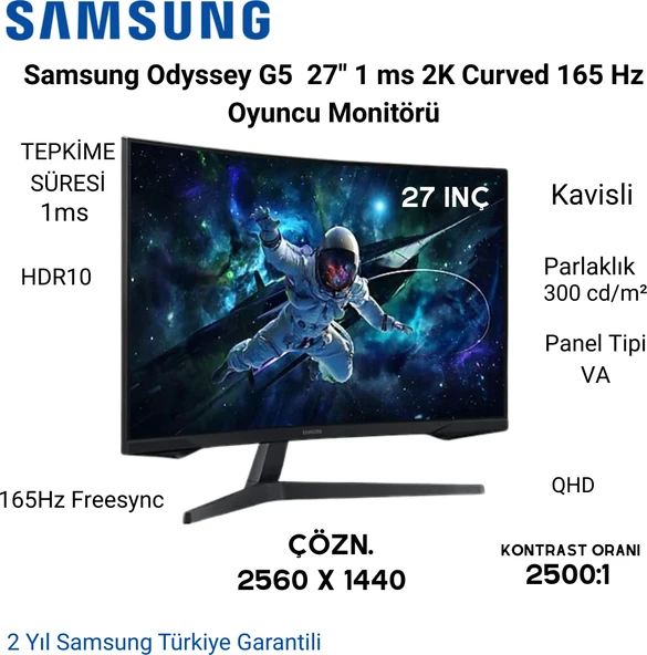 Samsung Odyssey G5 G55C 27 " 1 Ms 2k Curved 165 Hz Oyuncu Monitörü  + Razer Oyuncu Mouse Hediye ürün görseli 1