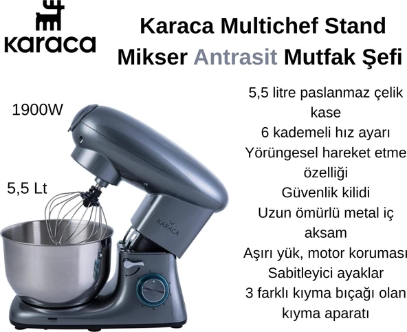 Karaca Multichef Stand Mikser Antrasit Mutfak Şefi 1900W 5,5 Lt (Kıyma Çekme /sucuk-Sosis/içli Köfte Aparatlı)  +  Fakir  Mutfak  Tartısı Hediye ürün görseli 1