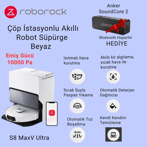 Roborock Maxv Ultra Beyaz Çöp Istasyonlu Akıllı Robot Süpürge + Anker Bluetoothlu Hoparlör Hediye ürün görseli 1