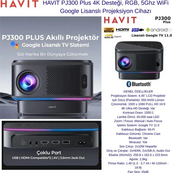 Havıt  4K Desteği, Rgb, 5ghz Wifi Google Lisanslı Projeksiyon Cihazı  + Xiaomi  Akıllı Saat Hediye ürün görseli 1
