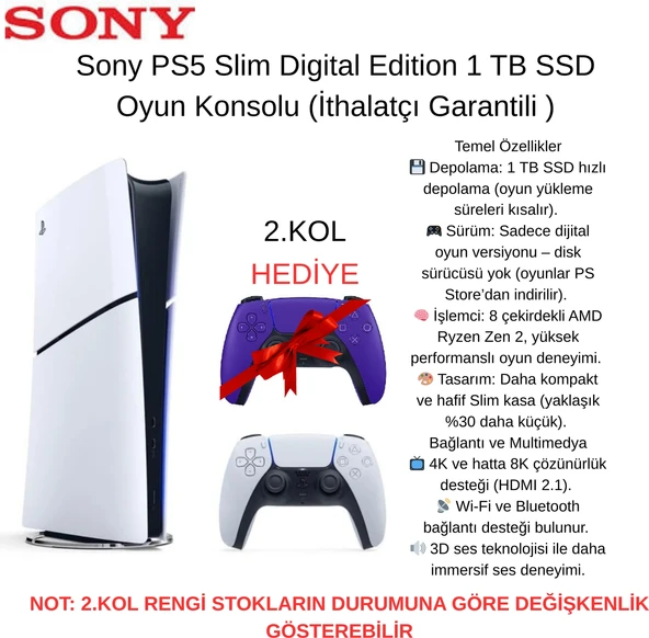 SONY Ps5 Slim Digital 1 Tb SSD Oyun Konsolu + 2. Kol Hediye ürün görseli 1