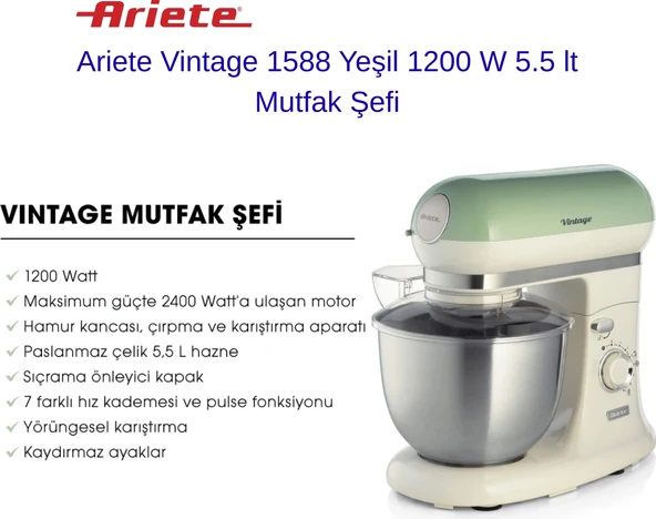 Ariete Vintage - Stand Mikser, Hamur Yoğurma Makinesi, 1200 Watt, 2400 Watt Kilitli Motor, 5,5 Litre Paslanmaz Çelik Hazne,mutfak Şefi  + Dijital Hassas Mutfak Tartısı Hediye ürün görseli 1