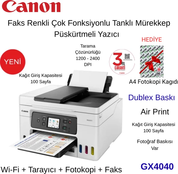 Canon Maxify GX4040 Wi-Fi + Tarayıcı + Fotokopi + Faks Renkli Çok Fonksiyonlu Tanklı Mürekkep Püskürtmeli Yazıcı + 1 Pk. A4 Kağırt Hediye ürün görseli 1