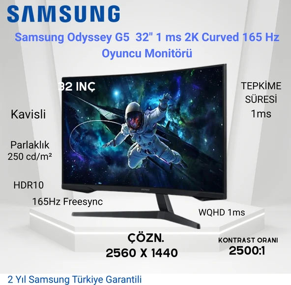 Samsung Odyssey G5 32" 1 Ms 2k Curved 165 Hz Oyuncu Monitörü + Oyuncu Mouse Hediye ürün görseli 1