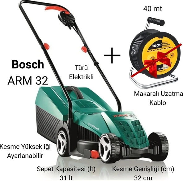 Bosch Arm 32 1200 W Elektrikli Çim Biçme Makinesi+ 20 Metre Makaralı Uzatma Prizli Kablo ile Beraber ürün görseli 1