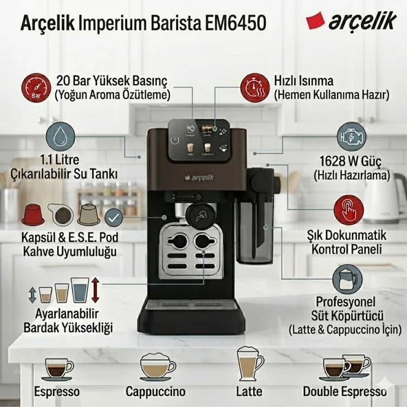 Arçelik Imperium Barista Yarı Otomatik Espresso Makinesi EM6450+ Çikolata Aromalı Kapsül Kahve 10'lu 52 G  Hediye ürün görseli 1