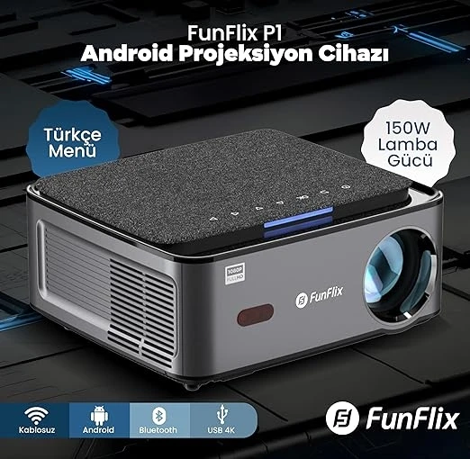 Funflix P1 Android 4K Destekli Bluetooth 5g Wi-Fi LED Full Hd Projeksiyon Cihazı, 150W Lamba, 300 Inç Görüntü ürün görseli 1