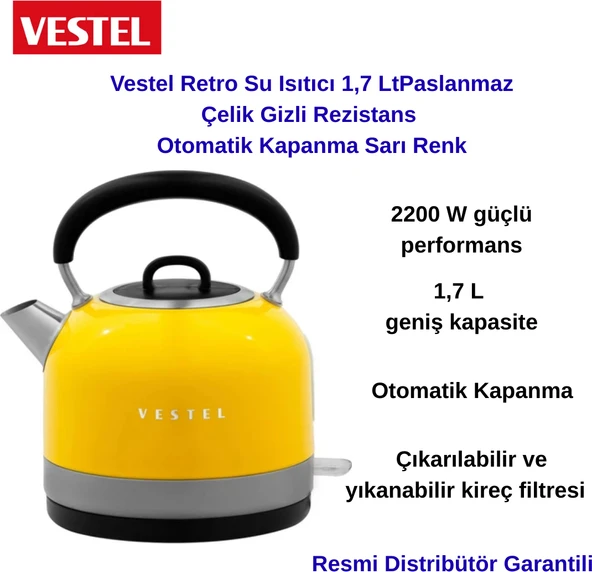 Vestel Retro Sarı 2200 W 1.7 Lt Celık Kettle + Oral-B Diş Fırçası Hediye ürün görseli 1