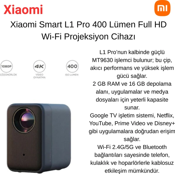 Xiaomi Smart L1 Pro 400 Lümen Full Hd Wi-Fi Projeksiyon Cihazı + Jbl Bluetooth Hoparlör Hediye ürün görseli 1