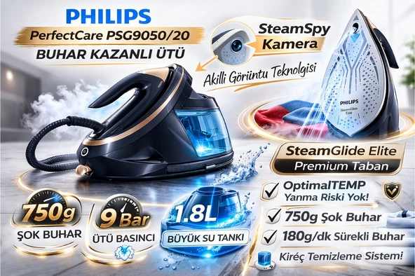 Philips Kamera Tabanlı , Isıyı Otomatik Ayarlayan 9050/20 Buhar Kazanlı Ütü Lacivert  + Rowenta Express  Saç Düzleştirici Hediye ürün görseli 1