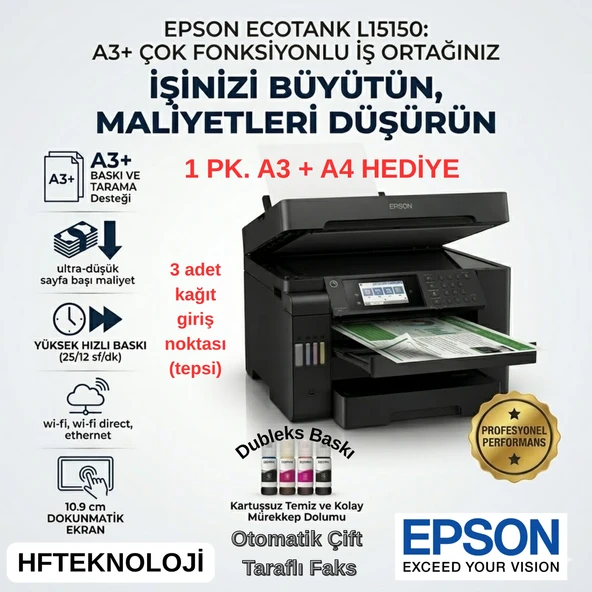 Epson L15150 Ecotank Tarayıcı + Fotokopi + Faks Çok Fonksiyonlu Tanklı Mürekkep Püskürtmeli Yazıcı +( 1 Er Pk. A3+A4 HEDİYE)-L15150 ürün görseli 1