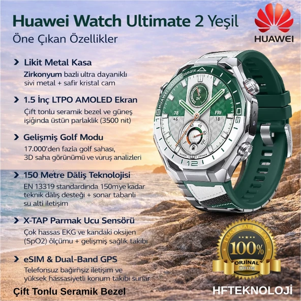 Huawei Ios & Android Uyumlu Yeşil Renk ,yeni Watch Ultimate 2, Zirkonyum Bazlı Sıvı Metal Kasa Akıllı Saat ürün görseli 1
