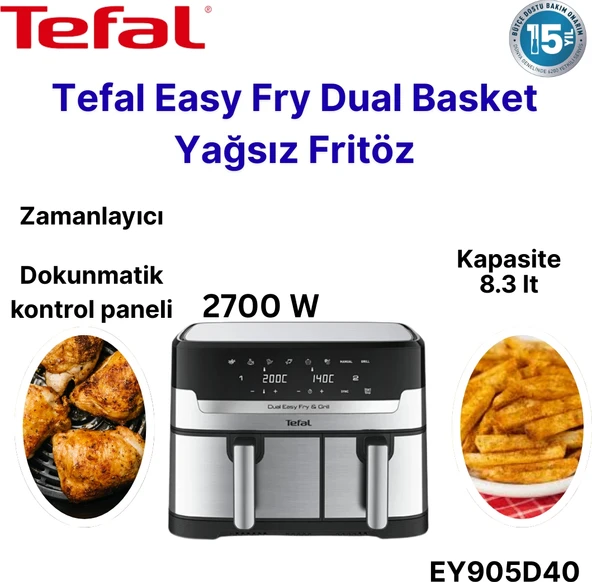Tefal Easy Fry Dual Basket EY905D40 8.3 Lt Yağsız Fritöz + Dijital Mutfak  Tartısı Hediye ürün görseli 1