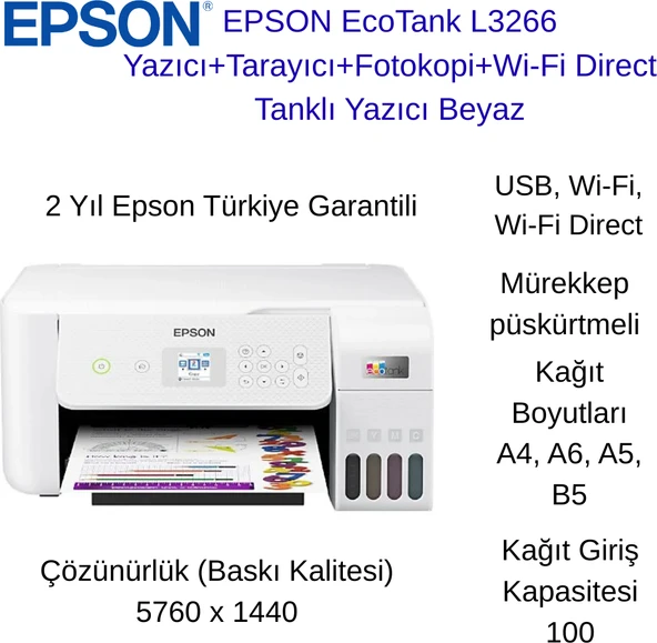 Epson Ecotank L3266 Yazıcı+Tarayıcı+Fotokopi+Wi-Fi Direct Tanklı Yazıcı Beyaz + 2 Adet A4 Hediye ürün görseli 1