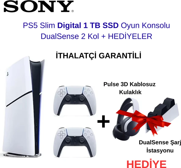 Sony Ps5 Slim Digital 1 Tb SSD Oyun Konsolu + Dualsense 2 Kol+3d Kulaklık ve Şarj Istasyonu Hediye ürün görseli 1