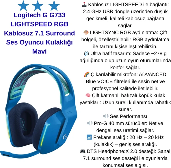 Logitech  Lıghtspeed Rgb Kablosuz 7.1 Surround Ses Oyuncu Kulaklık  + Oyuncu Mouse -Mavi Hediye ürün görseli 1