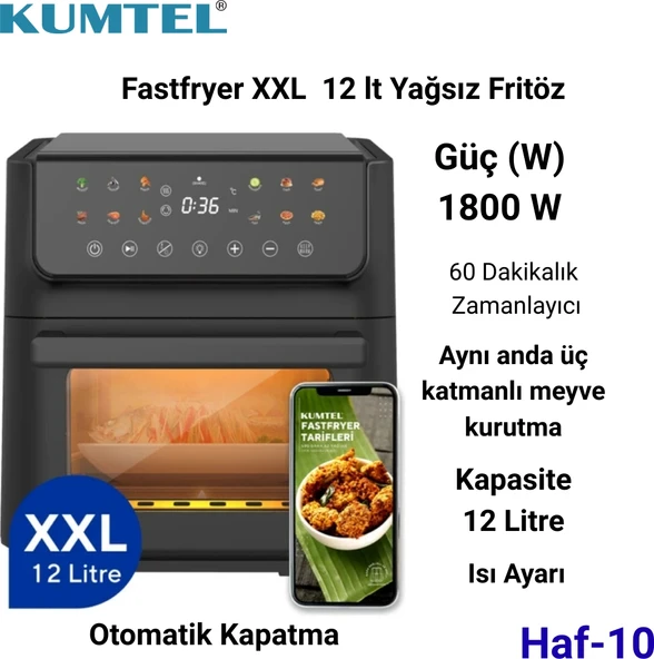 Kumtel Xxl 12 Litre Fastfryer (Yağsız Fritöz Airfryer ) Haf-10 + Hassas Mutfak Tartısı Hediye ürün görseli 1