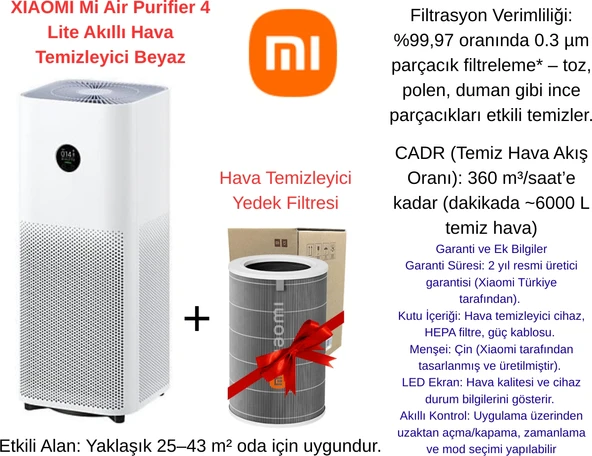 Xiaomi Xıaomı Mi Air Purifier 4 Lite Akıllı Hava Temizleyici Beyaz + Smart Air Purifier 4 Lite Filtre ürün görseli 1
