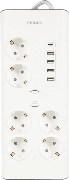 Philips SPN7060WA Akım Korumalı Priz 6'lı 900J 2m 4 USB 20W 1 Type-C 15W, Standart ürün görseli 1