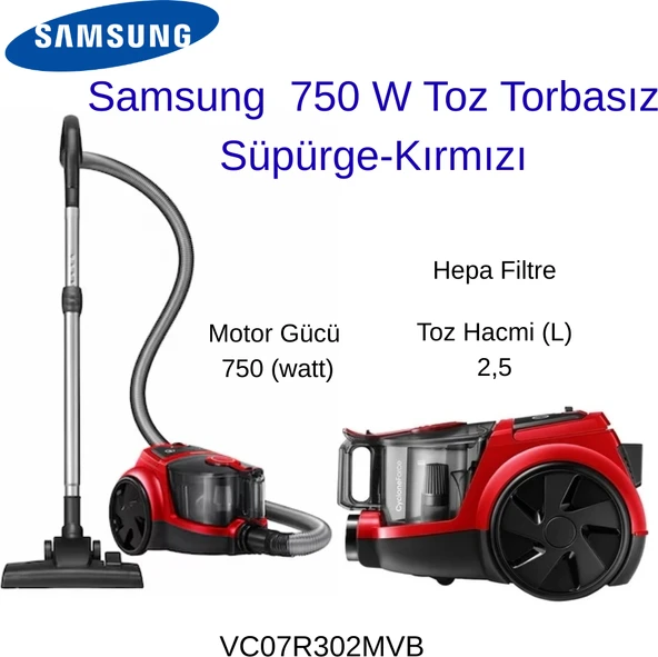 Samsung  VC07R302MVR Kırmızı 750 W Toz Torbasız Süpürge+Aprilla Sarjlı  Araç Süpürge Hediye ürün görseli 1