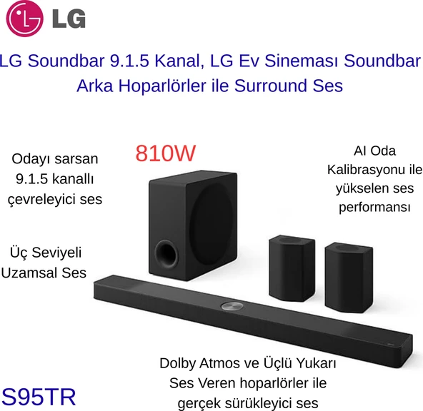 Lg Soundbar  810W, Lg Ev Sineması Soundbar, Arka Hoparlörler ile 9.1.5 Kanal, Surround Ses +  Xiaomi Sound Pocket Bluetooth Hoparlör  Hediye ürün görseli 1