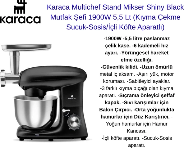 Karaca Multichef Stand Mikser Siyah Mutfak Şefi 1900W 5,5 Lt (Kıyma Çekme /sucuk-Sosis/içli Köfte Aparatlı)  +  Fakir  Mutfak  Tartısı Hediye ürün görseli 1