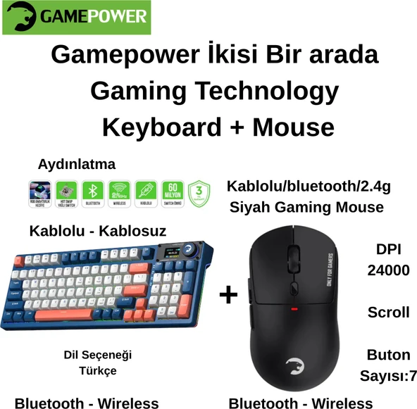 Gamepower Gasket Elite x Rgb Kablolu/kablosuz  Oyuncu Klavye + Mouse  Ikisi Bir Arada  Gaming ürün görseli 1