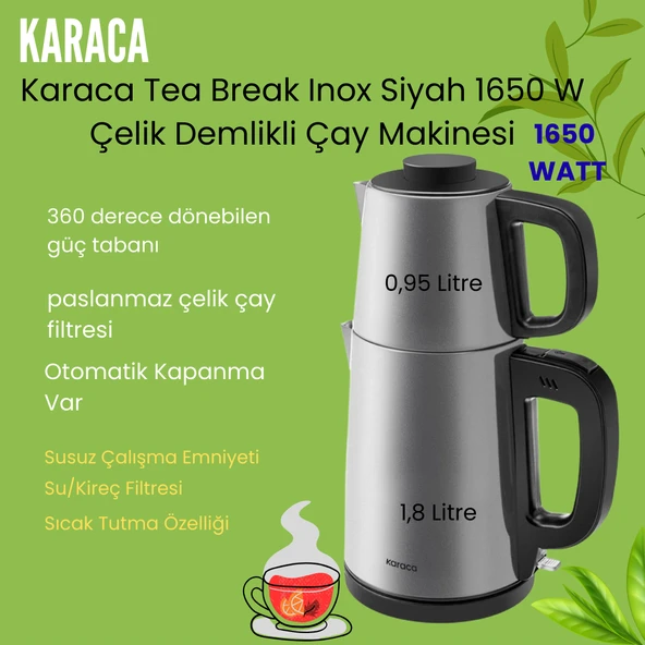 Karaca Tea Break Inox Siyah Çelik Su Isıtıcı & Çay Makinesi ürün görseli 1