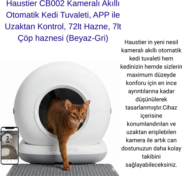 Haustier CB002 Kameralı Akıllı Otomatik Kedi Tuvaleti, App ile Uzaktan Kontrol, 72LT Hazne, 7lt Çöp Haznesi (Beyaz-Gri) ürün görseli 1