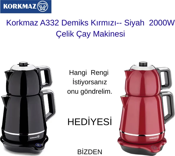 Korkmaz A332 Demiks Kırmızı Veysa Siyah 2000 W Çelik Çay Makinesi ürün görseli 1