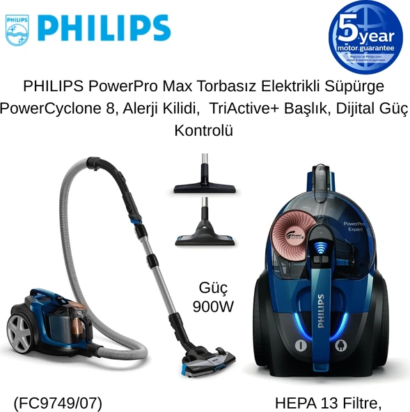 Philips Ultra Powerpro Max Toz Torbasız Süpürge , 900 W , 2 Litre , Hepa 13 , Mavi ,FC974 + Akıllı Baskül Bluetooth Elektronik Tartı Hediye ürün görseli 1