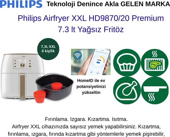 Philips Nutriu Uygulamasında 500'DEN Fazla Özel Tarif Airfryer Xxl HD9870/20 Premium 7.3 Lt Yağsız Fritöz+ Hassas Mutfak Tartısı Hediye ürün görseli 1