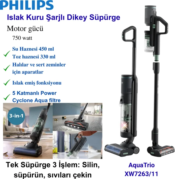 Philips 7000 Serisi Aquatrio XW7263/11 Islak Kuru Şarjlı Dikey Süpürge + Hassas Mutfak Tartısı Hediye ürün görseli 1