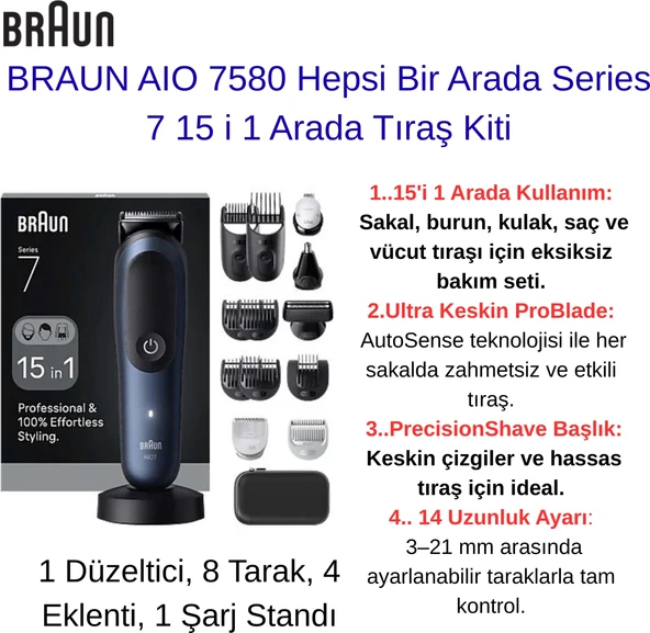 Braun Aıo 7580 Hepsi Bir Arada Series 7 15 I 1 Arada Tıraş Kiti  + Gillette Fusion 5 Proglide 4'lü Yedek Tıraş Bıçağı ürün görseli 1