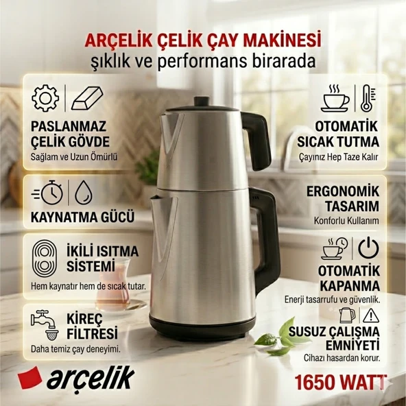 Arçelik  1650 W Çelik Çay Makinesi+ Dijital Mutfak Tartısı Hediye ürün görseli 1