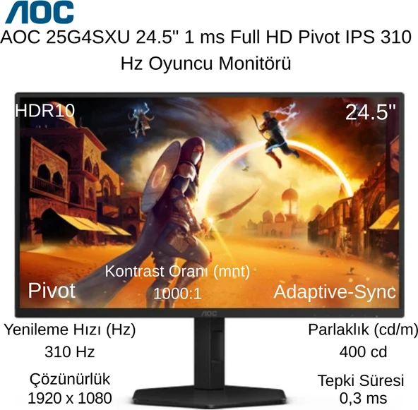 Aoc 25G4SXU 24.5" 1 Ms Full Hd Pivot IPS 310 Hz Oyuncu Monitörü + Oyuncu Mouse Hediye ürün görseli 1