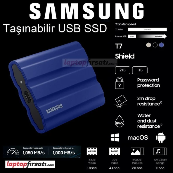 Samsung T7 Shield 1TB MU-PE1T0R/WW 1050MB - 1000MB USB 3.2 SSD - Mavi ürün görseli 1