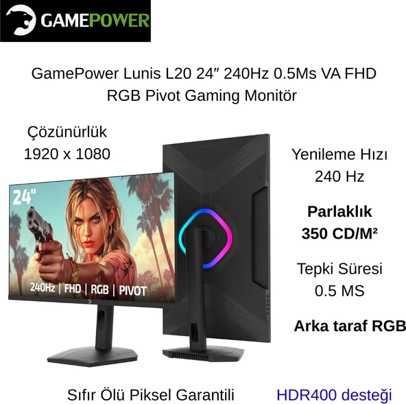 Gamepower Lunis L20 24" 0.5 Ms Full Hd Pivot 240 Hz Oyuncu Monitörü  + Oyuncu  Mouse Hediye ürün görseli 1